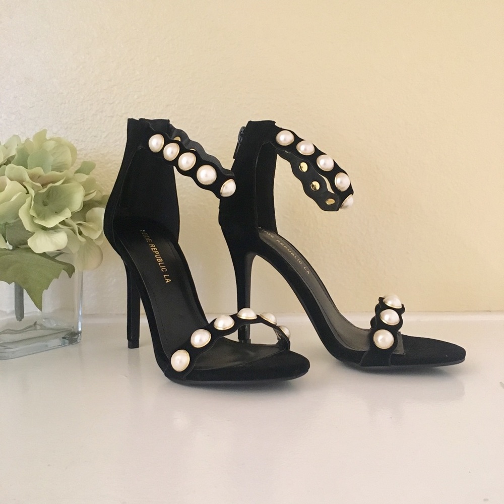 Shoe Republic La black suede pearl ankle strap